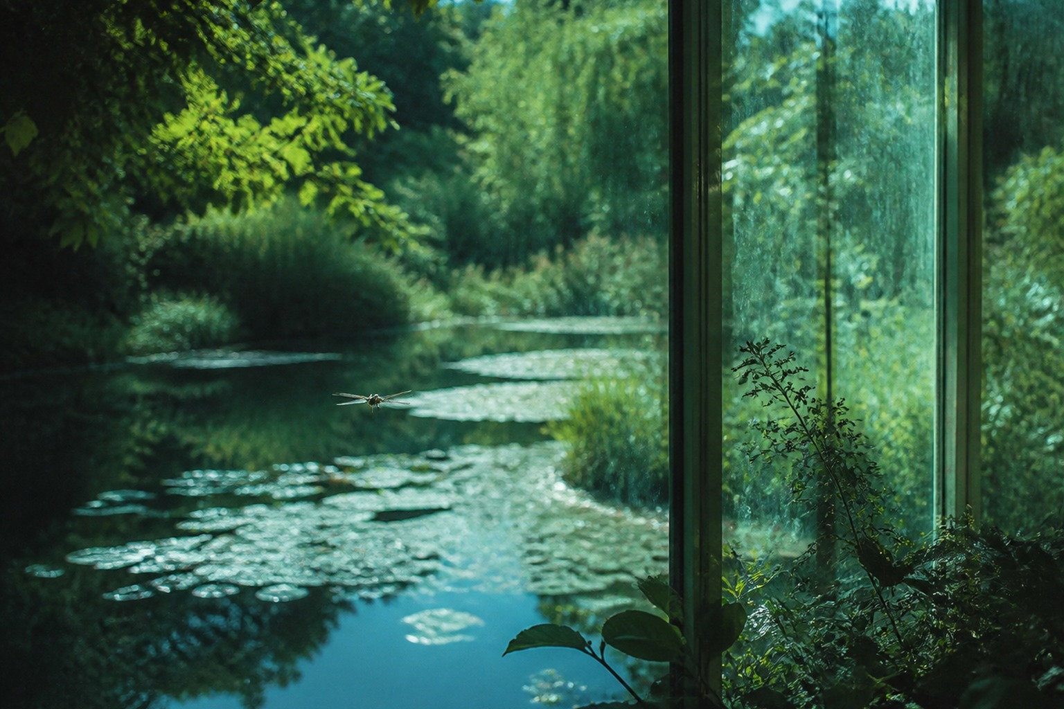 Midsummer water seen as if through pale green glass