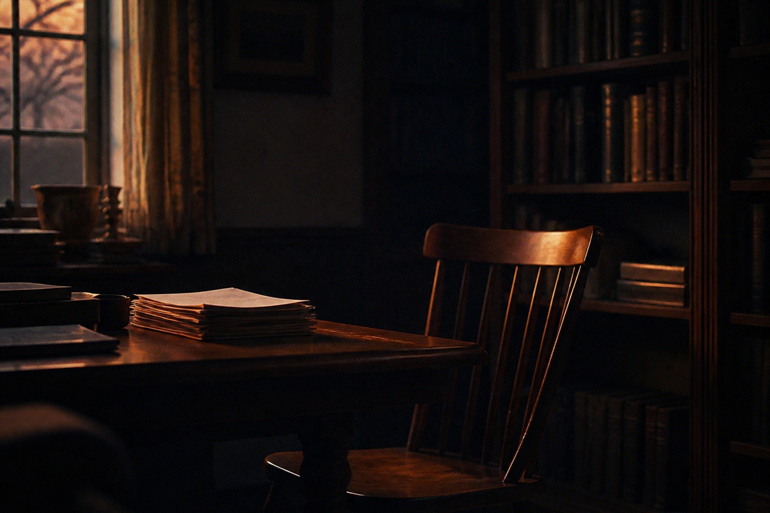 A quiet reading room in low warm light